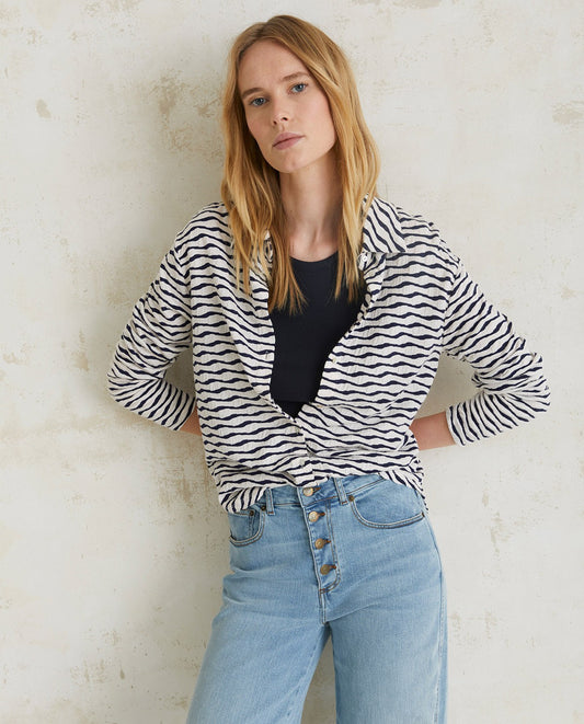 Striped Jacquard Knit Shirt - Ecru + Navy