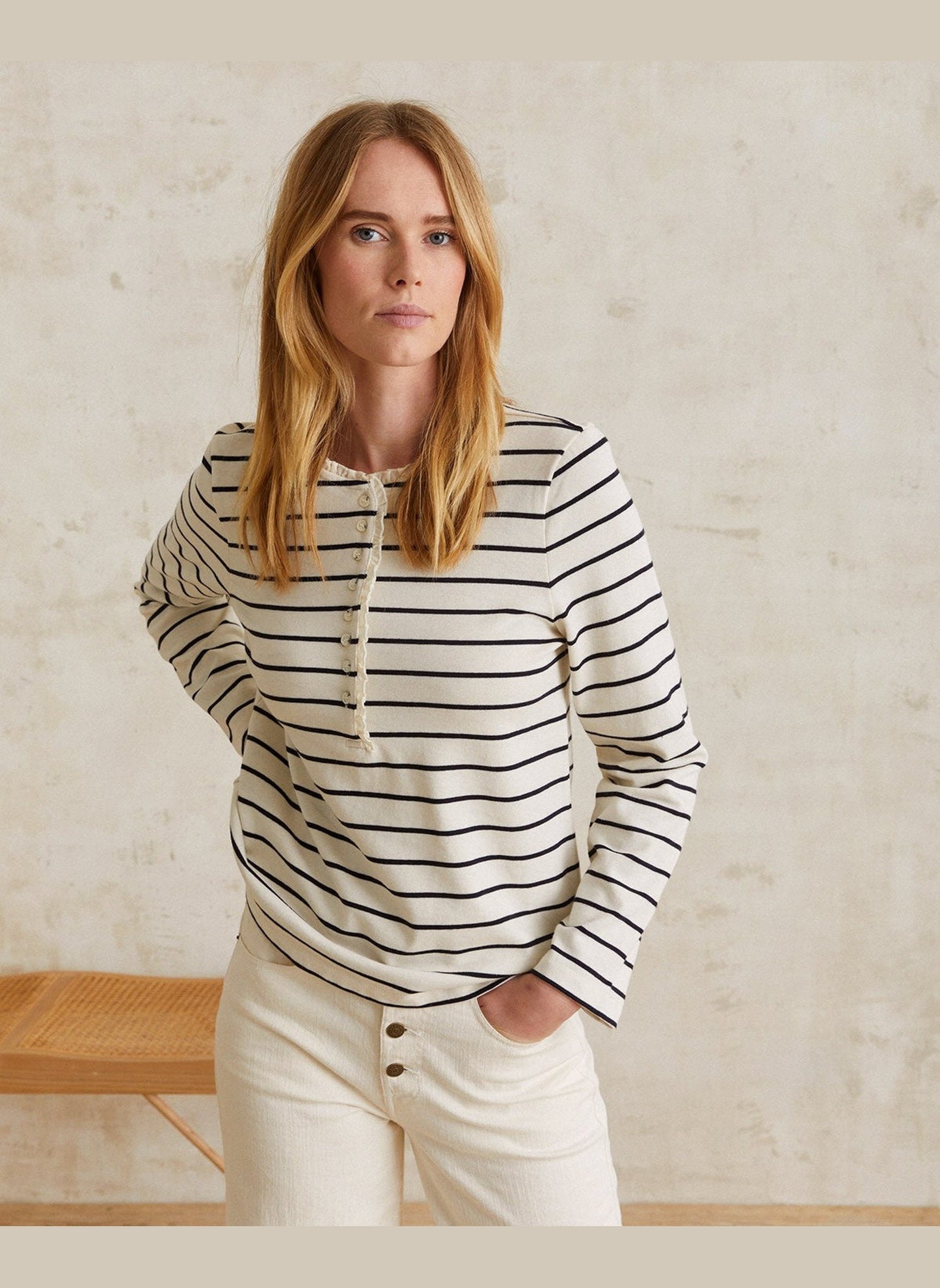 Striped Cotton Top - Ecru + Navy