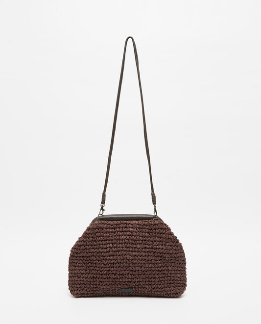 Chocolate raffia and leather bag