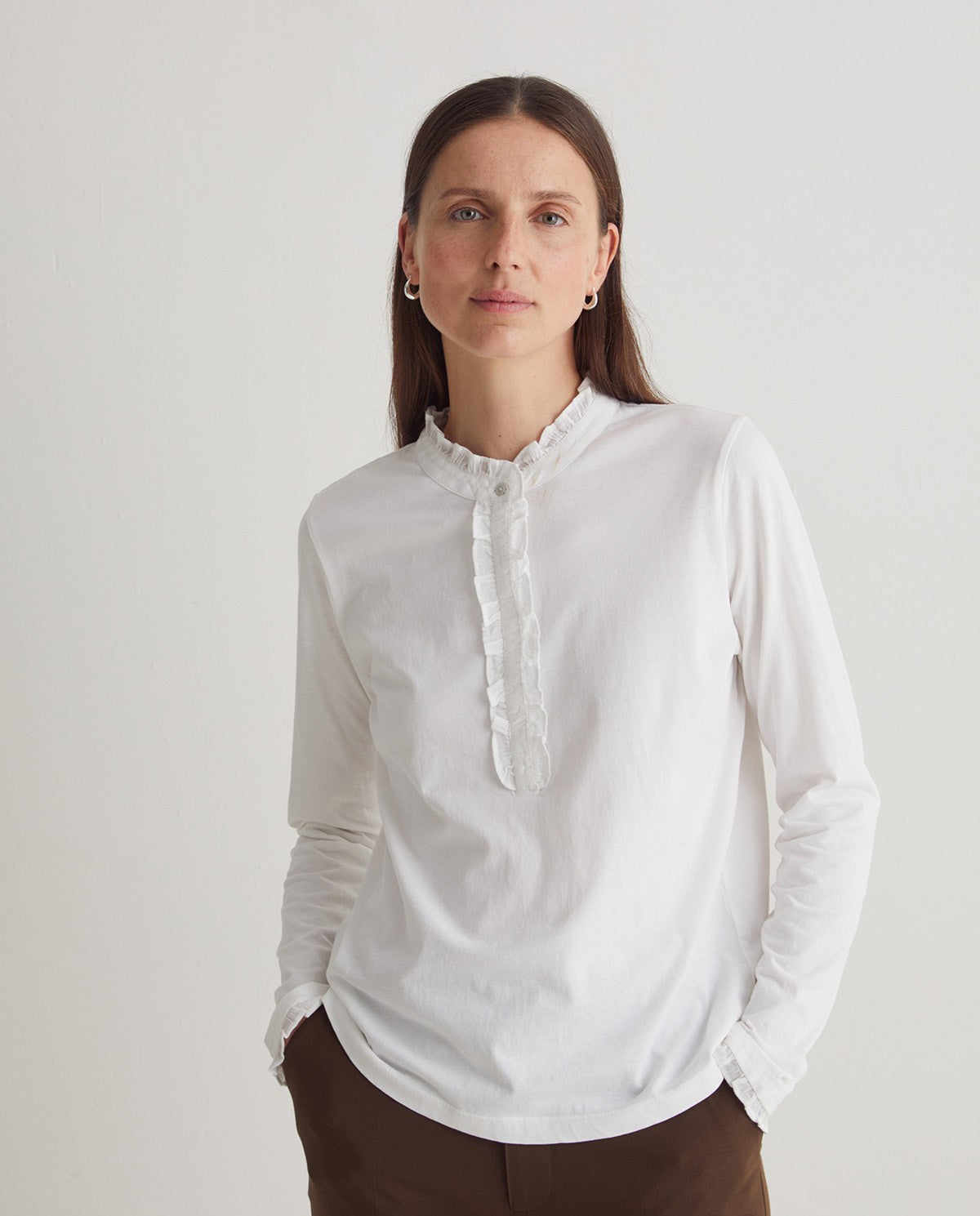 Ruffled Henley Long Sleeve Top - White
