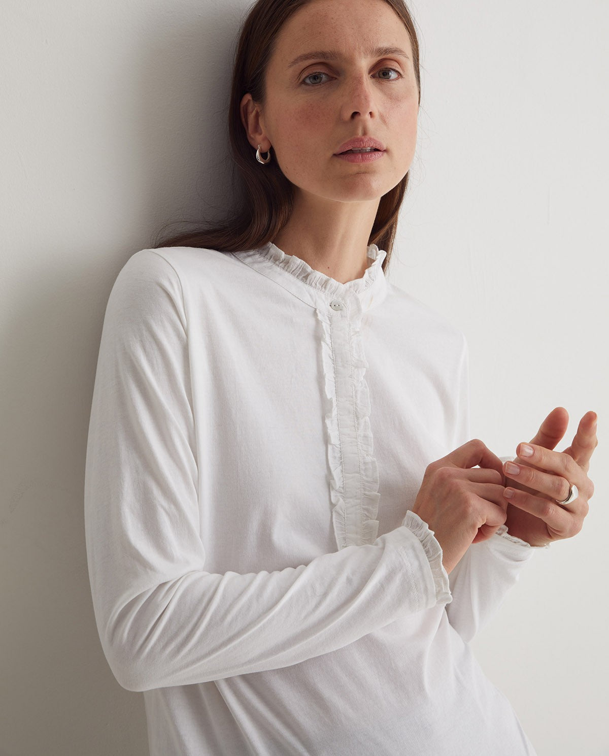 Ruffled Henley Long Sleeve Top - White