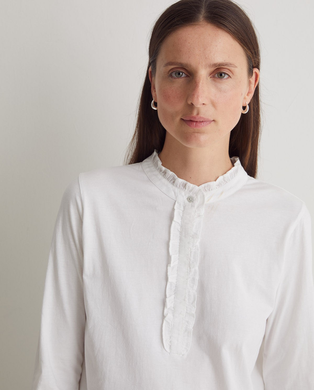 Ruffled Henley Long Sleeve Top - White
