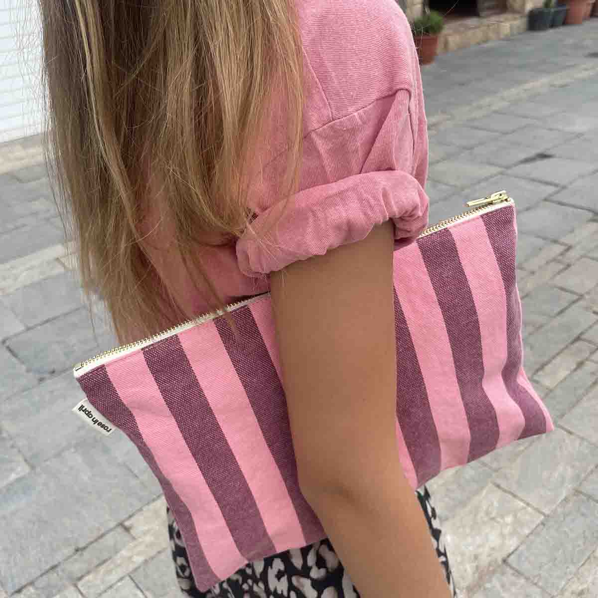 Lili Flat Pouch - Pink Burgundy Stripes