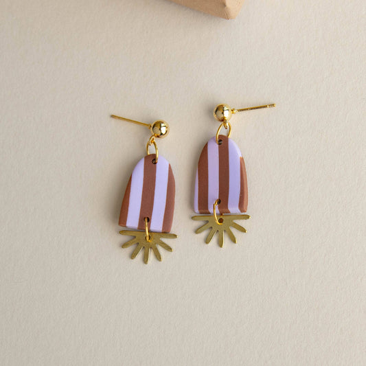 Sunny Stripe Drop Earrings - Lilac & Chocolate Brown