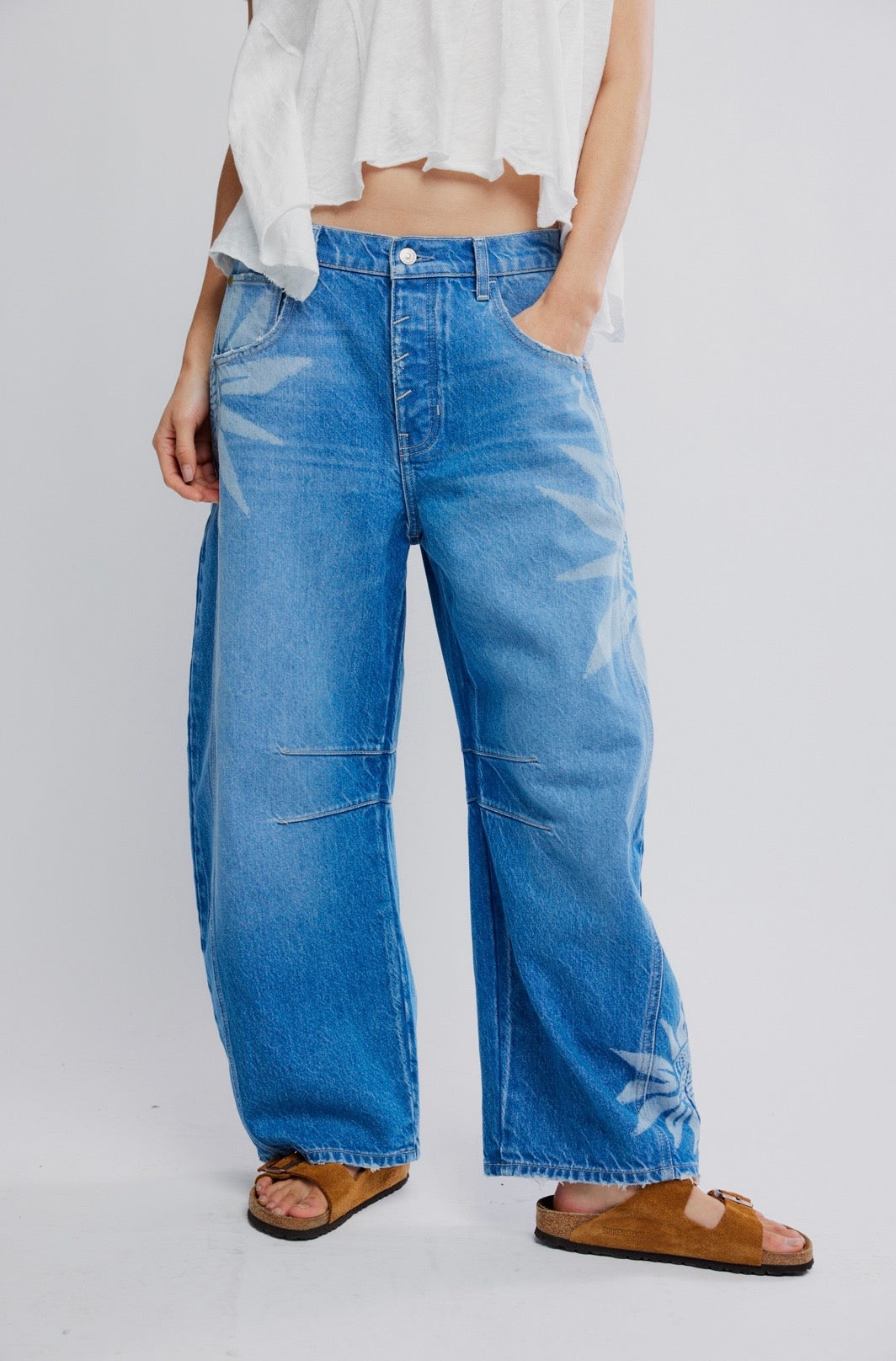We The Free Good Luck Printed Barrel Jeans - Indigo Blue