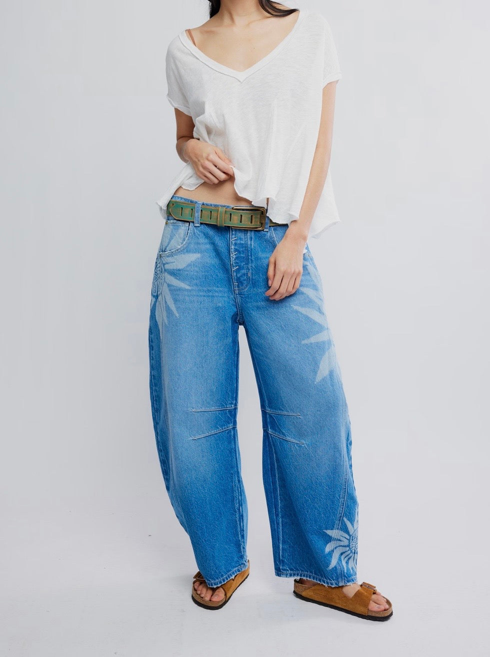 We The Free Good Luck Printed Barrel Jeans - Indigo Blue
