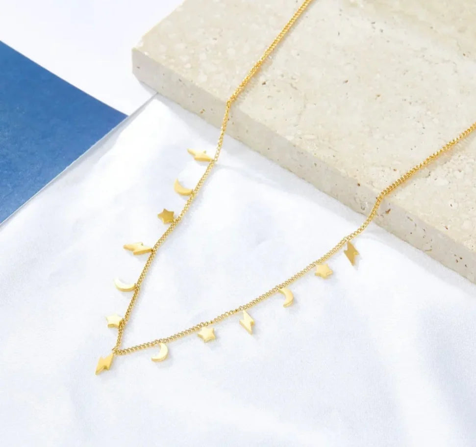 Moon, Stars & Lightning Bolt Necklace - Gold