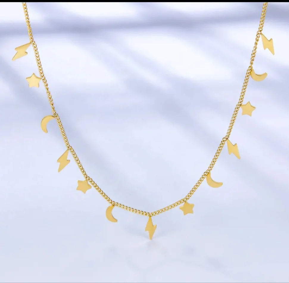 Moon, Stars & Lightning Bolt Necklace - Gold