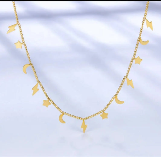 Moon, Stars & Lightning Bolt Necklace - Gold