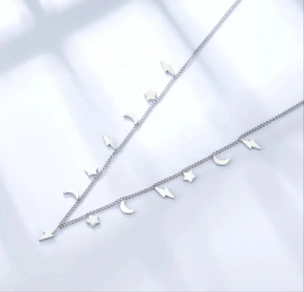 Moon, Stars & Lightning Bolt Necklace - Silver
