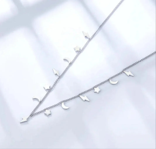 Moon, Stars & Lightning Bolt Necklace - Silver