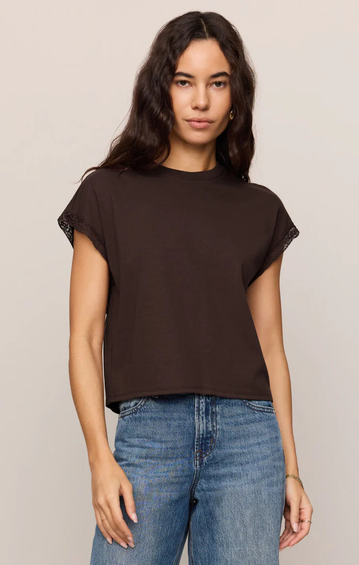 Marika Lace Trim Muscle Tee - Chocolate