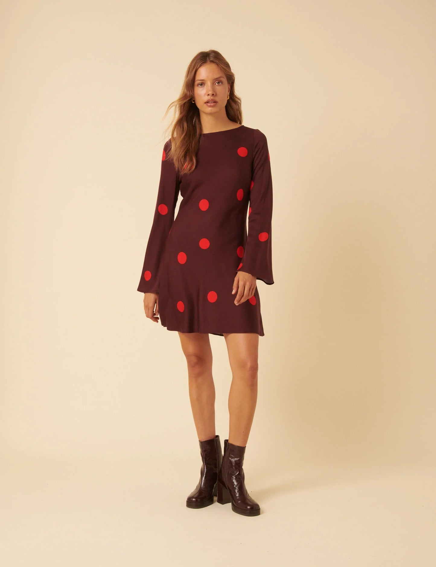 Polka Dot Long Sleeve Romy Mini Dress - Burgundy
