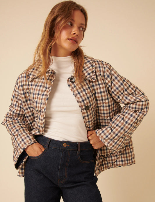 Check Frill Quilted Jacket - Beige