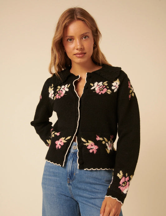 Floral Jaquard Collared Cardigan - Black