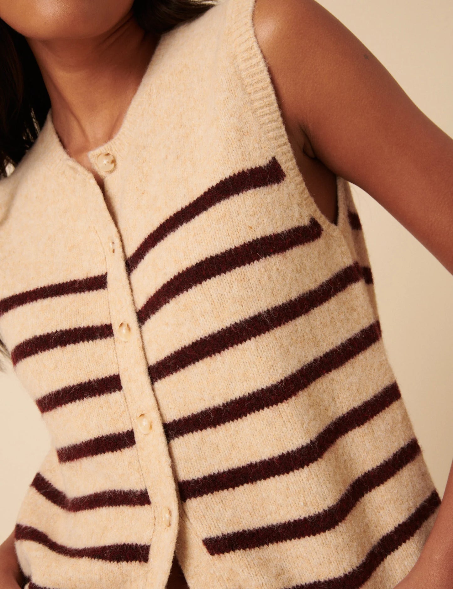 Striped Button Through Knitted Vest - Beige