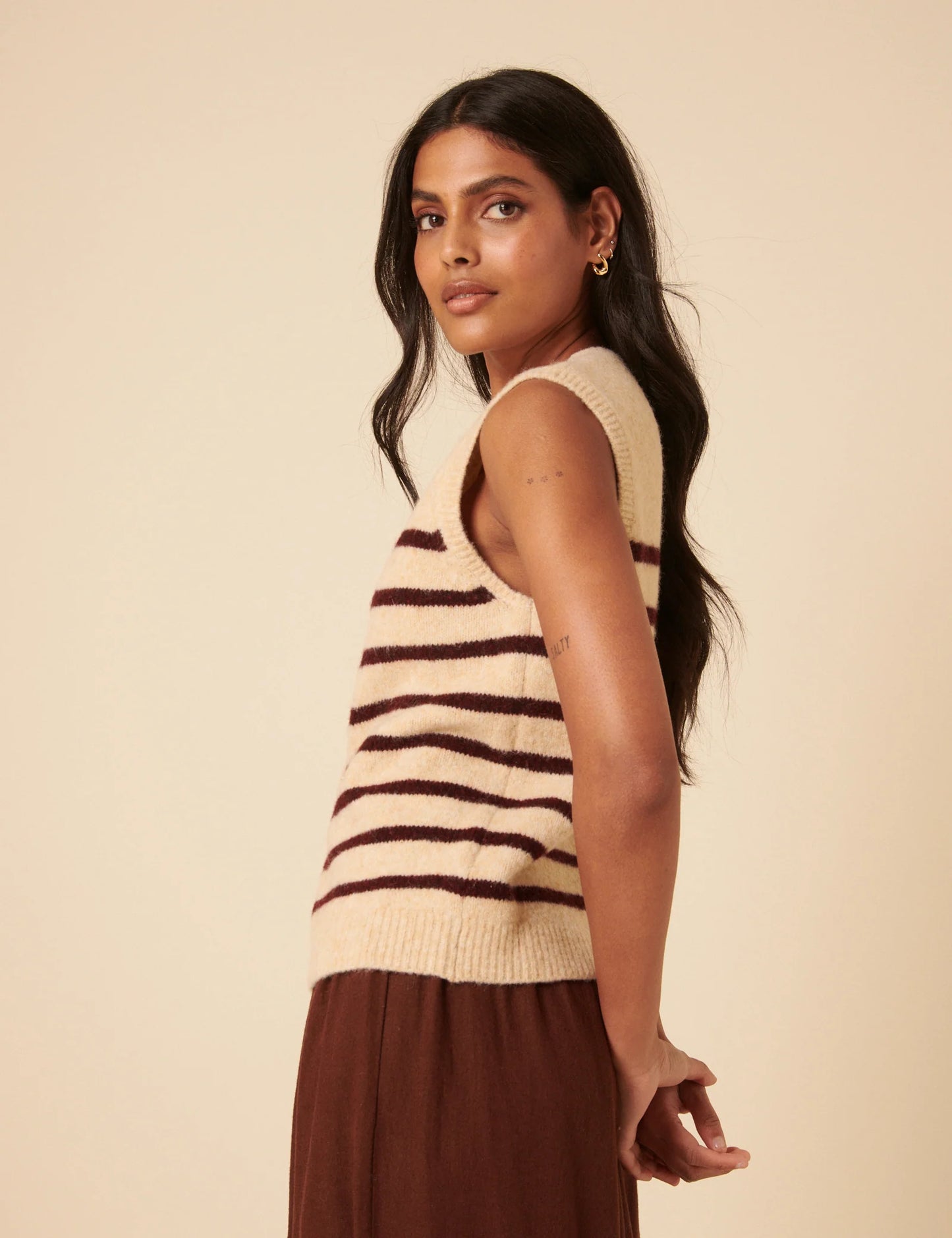 Striped Button Through Knitted Vest - Beige