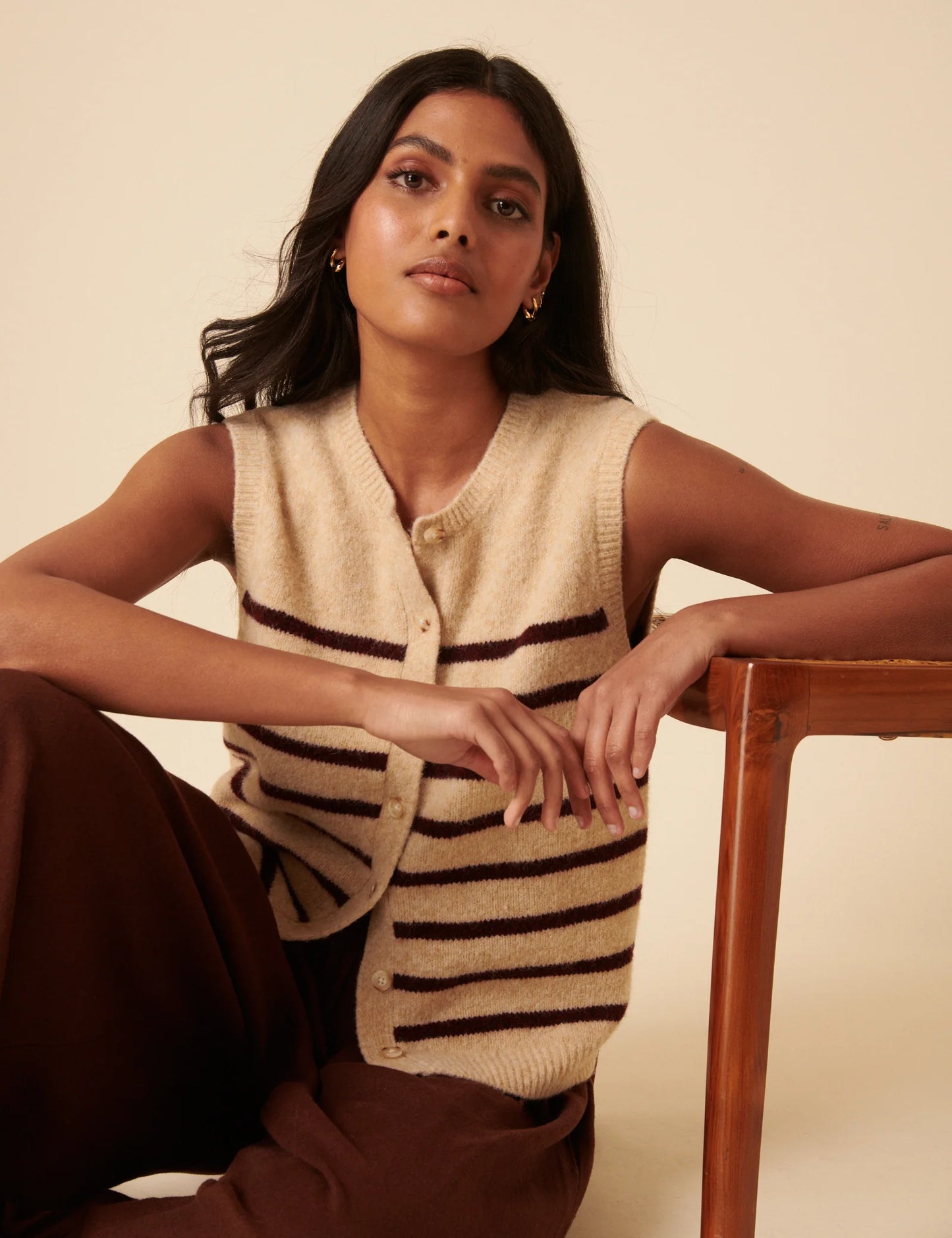 Striped Button Through Knitted Vest - Beige