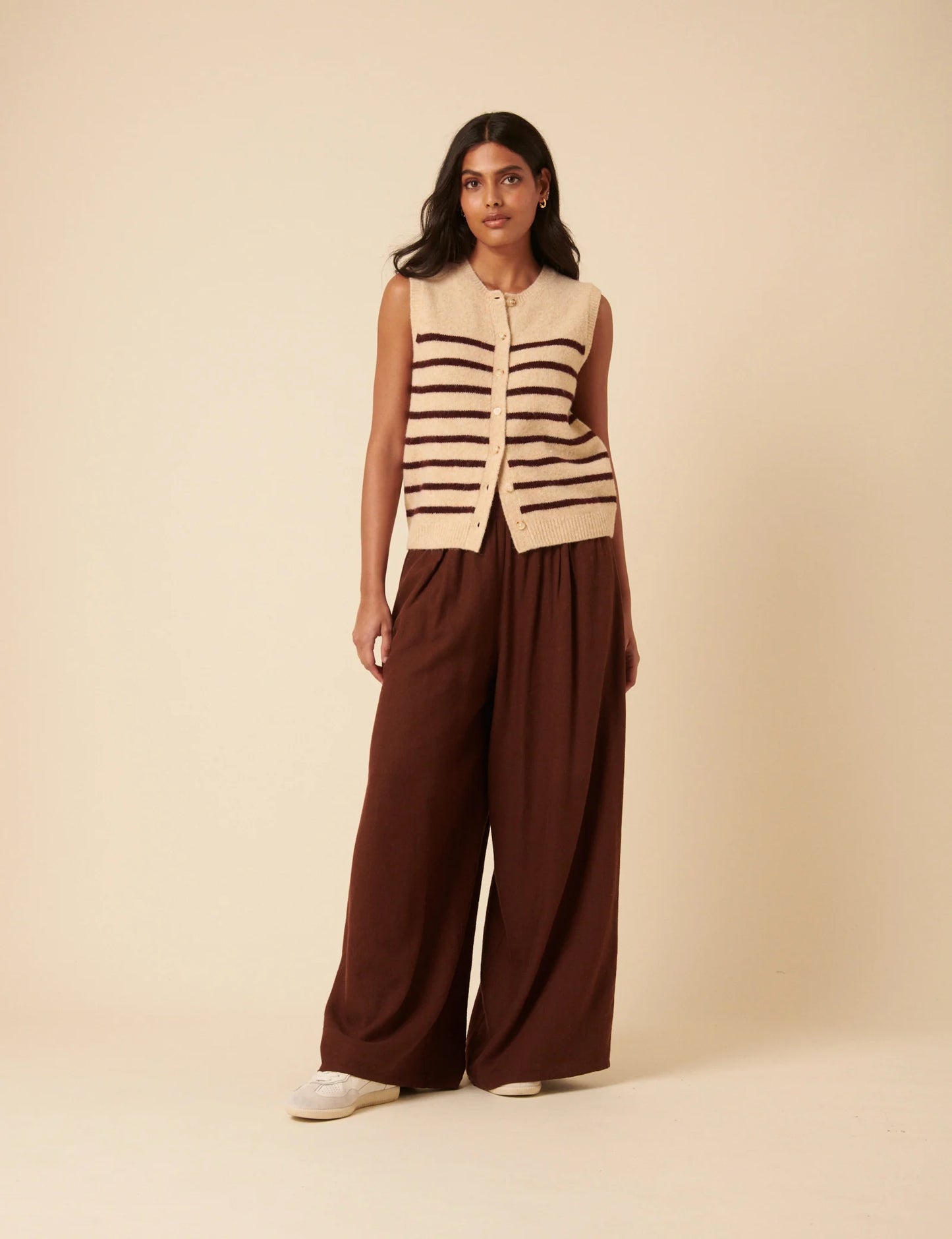 Striped Button Through Knitted Vest - Beige