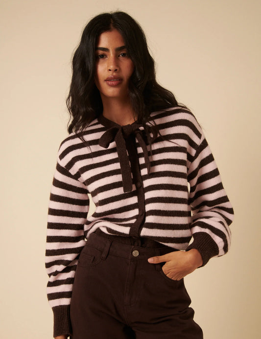 Striped Tie Neck Cardigan - Brown And Pink
