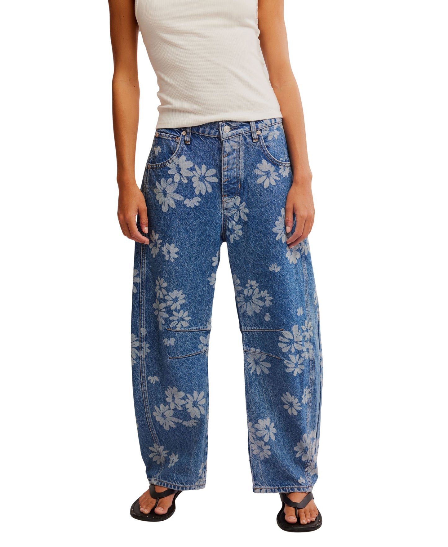 Good Luck Printed Barrel Jeans - Laser Daisy