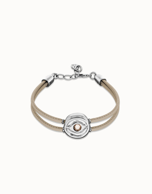 Double Ivory Leather Bracelet with Eye - Silver