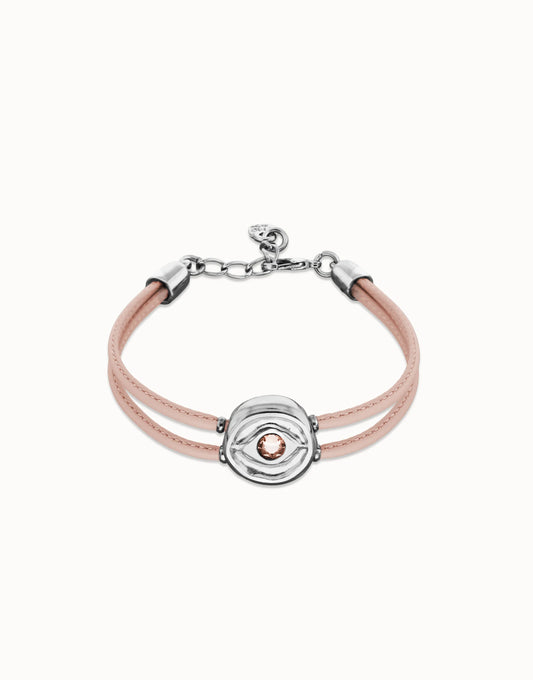 Double Pink Leather Bracelet with Eye - Silver