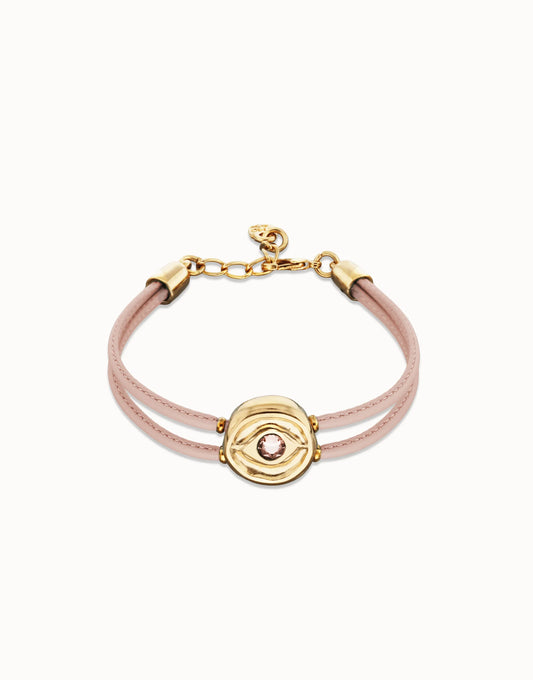 Double Pink Leather Bracelet with Eye - Gold