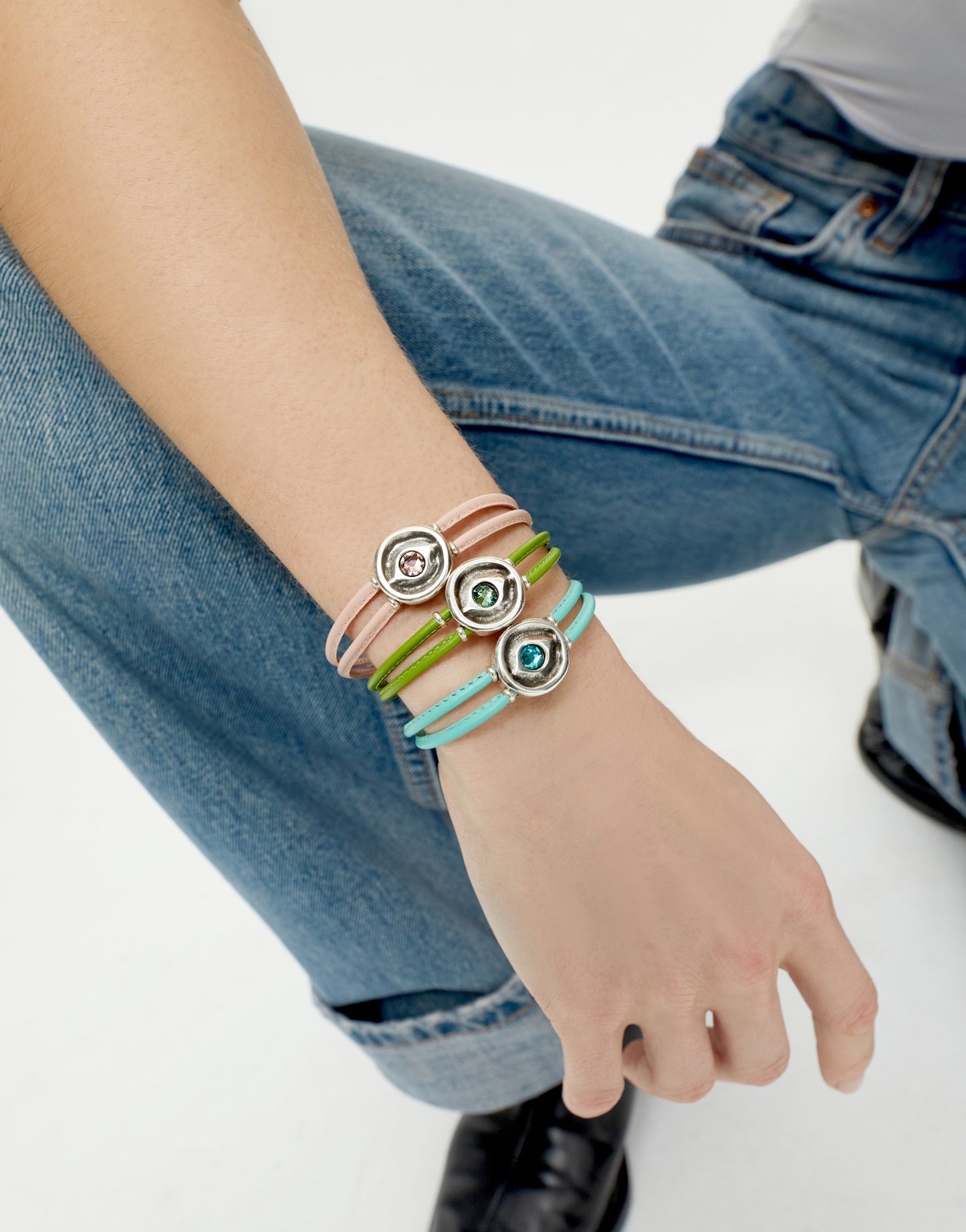 Double Turquoise Leather Bracelet with Eye - Silver