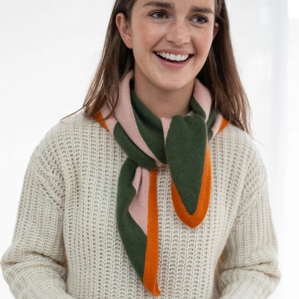 Cashmere Triangle Scarf - Pink/Khaki/Orange Stripe