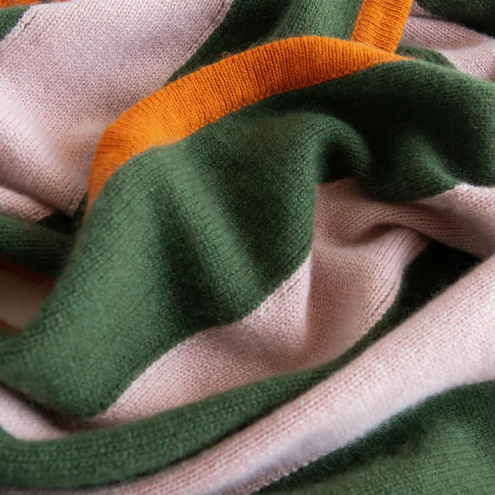 Cashmere Triangle Scarf - Pink/Khaki/Orange Stripe