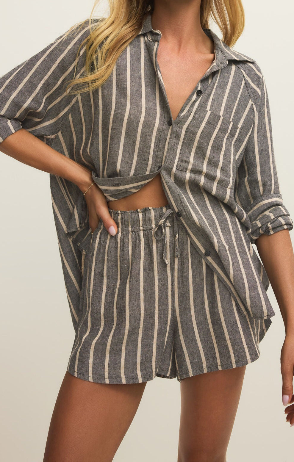 The Perfect Linen Striped Top - Black