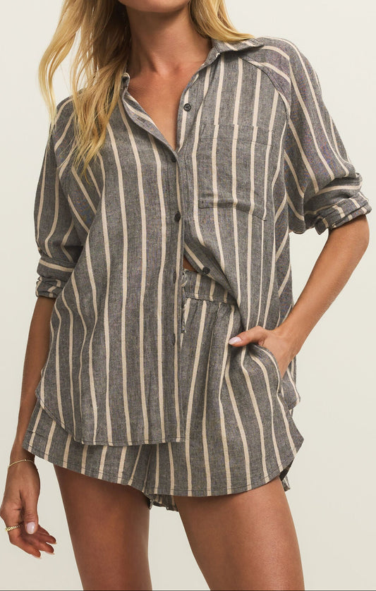The Perfect Linen Striped Top - Black