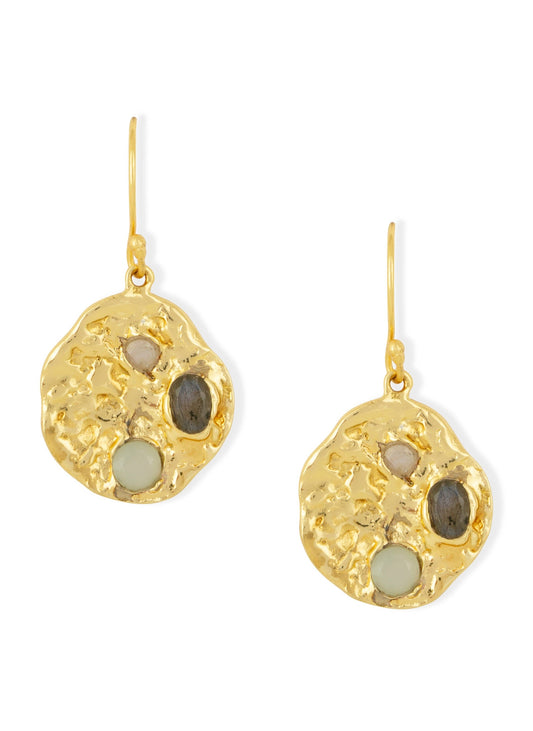 Rhode Gemstone Coin Earrings Aqua & Labradorite