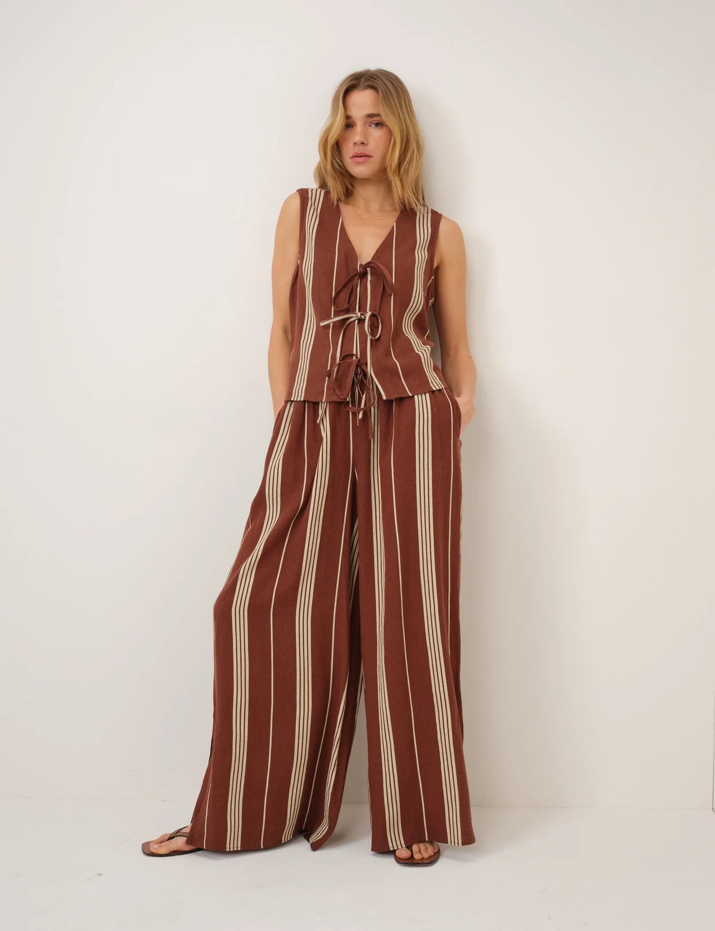 Brown Striped Linen-Blend Split Hem Trousers