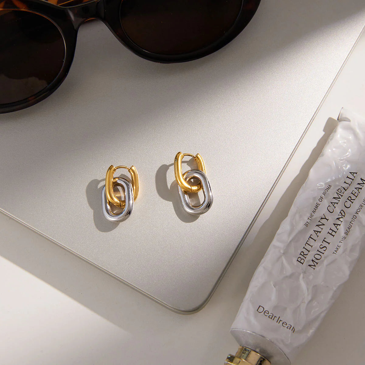 Mixed Metal Drop Hoop Earrings