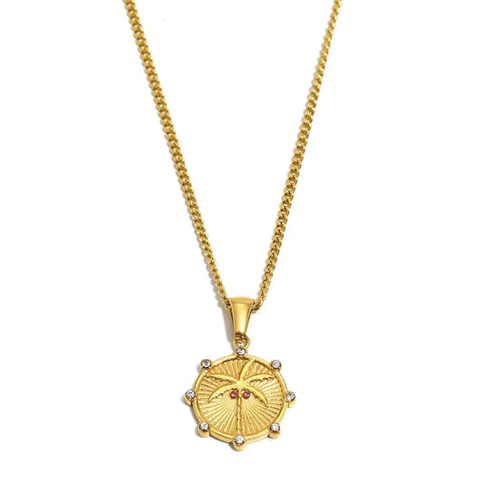 Pink Palm Tree Gold Necklace