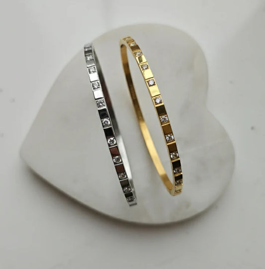 Luxe Square Engraved CZ Bracelet Bangle - Gold or Silver