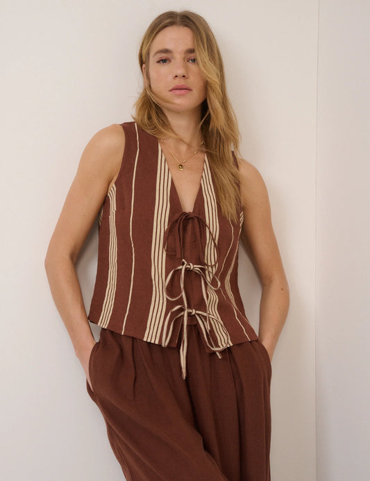 Brown Striped Linen-Blend Tie Front Tessa Top